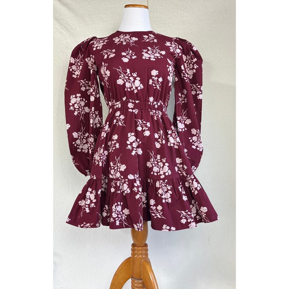 NA-KD Burgundy Cottagecore Floral L/S Fit and Flare Short Dress SZ 6
